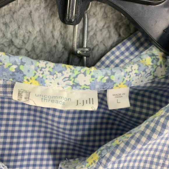 J. Jill Uncommon Threads Button Up Shirt Womens Top L Embroidered Check Roll Tab - Picture 4 of 10
